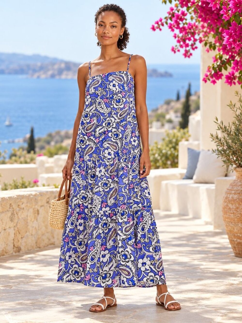 Loft Beach Blue Floral Paisley Tiered Maxi Dress Size S Boho Coastal Vacation